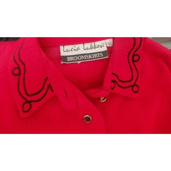Vintage Lucia Lukken Red Embroidered Broom Skirt Set Top & Skirt Sz L - Picture 6 of 6